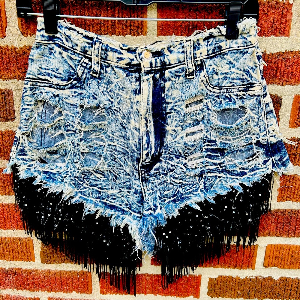 Repurposed Denim Custom Frayed Jean Shorts Beyoncé World Tour Alien Super Star